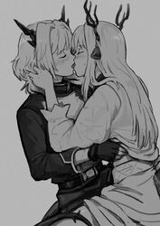  2girls alina_(arknights) animal_ears antlers arknights clothes_lift deer_antlers deer_ears deer_girl dragon_girl dragon_horns dragon_tail fingerless_gloves french_kiss gloves grey_background greyscale hair_intakes hand_in_another&#039;s_hair highres horns kissing lifting_another&#039;s_clothes long_sleeves monochrome multiple_girls official_alternate_costume protected_link shirt shirt_lift short_hair silverxp simple_background tail talulah_(arknights) talulah_the_fighter_(arknights) yuri 