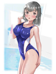  :d blue_one-piece_swimsuit blush breasts collarbone competition_swimsuit covered_nipples cowboy_shot dripping female grey_hair hand_on_own_thigh hand_up highres holding holding_whistle lanyard large_breasts looking_at_viewer mashinatsu one-piece_swimsuit open_mouth original outside_border pool shiny_skin shiny_swimsuit sideboob smile solo standing swimsuit wet wet_clothes wet_swimsuit whistle 