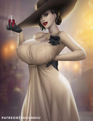  alcina_dimitrescu black_flower black_gloves black_rose blurry blurry_background breasts cleavage commentary covered_nipples cup dress drinking_glass earrings english_commentary female flower gloves hand_on_own_hip hat highres huge_breasts jewelry lips lipstick looking_at_viewer makeup mature_female max_domikov necklace pale_skin pearl_earrings pearl_necklace red_lips resident_evil resident_evil_village rose short_hair smile solo sun_hat white_dress wine_glass yellow_eyes 