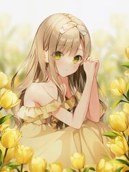  bare_shoulders blurry blurry_background brown_dress brown_hair collarbone dress female flower from_side green_eyes hair_ribbon hands_up highres long_hair looking_at_viewer off-shoulder_dress off_shoulder original outdoors pink_ribbon ribbon solo tulip weri yellow_flower 