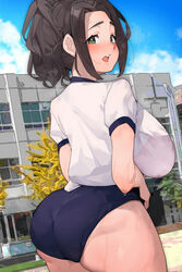  ass black_hair blue_buruma blue_sky blue_trim blush breasts building buruma cloud cowboy_shot day ebihara_naho female from_behind green_eyes gym_shirt highres idolmaster idolmaster_cinderella_girls idolmaster_cinderella_girls_starlight_stage large_breasts long_hair looking_at_viewer looking_back makingtawawa open_mouth outdoors ponytail shirt short_sleeves sky smile solo standing sweat teeth tree upper_teeth_only white_shirt 