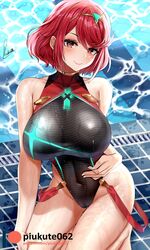  bare_shoulders black_one-piece_swimsuit blush breasts chest_jewel covered_navel female gem highleg highleg_swimsuit highres kneeling large_breasts looking_at_viewer one-piece_swimsuit piukute062 poolside pyra_(pro_swimmer)_(xenoblade) pyra_(xenoblade) red_hair red_one-piece_swimsuit short_hair smile solo swept_bangs swimsuit thighs tiara two-tone_swimsuit water wet xenoblade_chronicles_(series) xenoblade_chronicles_2 