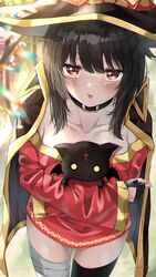  bandaged_leg bandages black_choker black_gloves black_hair black_hat black_thighhighs blush cape choker chomusuke commentary dress female fingerless_gloves gloves hat kono_subarashii_sekai_ni_shukufuku_wo! long_sleeves medium_hair megumin open_mouth pixiv_id red_dress red_eyes shirubaa signature single_thighhigh skindentation smile solo thighhighs twitter_username witch_hat 