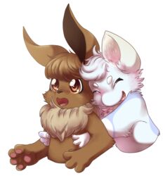  absurd_res alpha_channel ambiguous_gender anthro black_nose blue_body blue_fur brown_body brown_eyes brown_fur closed_eyes duo eevee female fur generation_1_pokemon half-length_portrait hi_res hug hugging_another hugging_from_behind inner_ear_fluff legendary_pokemon mew_(pokemon) murzikteijiro nintendo open_mouth pawpads paws pokemon pokemon_(species) portrait ruka_vaporeon simple_background tongue transparent_background tuft white_body white_fur 