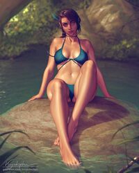  artist_name barefoot bikini blue_bikini breasts commentary critical_role day dungeons_&amp;_dragons elf english_commentary feather_hair_ornament feathers female forest hair_ornament highres krystopher_decker lake legs looking_at_viewer nature navel outdoors patreon_username pointy_ears ponytail realistic rock signature swimsuit tan the_legend_of_vox_machina vex&#039;ahlia_vessar water web_address 