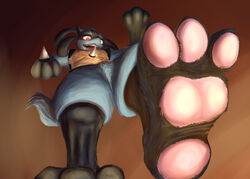  3_toes anthro dominant dominant_male feet foot_fetish foot_focus foot_play fur generation_4_pokemon insole issack_wink low-angle_view lucario macro male nintendo pawpads paws pink_pawpads pokemon pokemon_(species) smug solo stomping stomping_viewer toes 