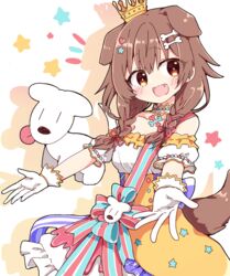  :d animal_ears blush bone_hair_ornament braid brown_eyes brown_hair canine commentary crown dog_ears dog_girl dog_tail dress female frilled_dress frills gloves hair_between_eyes hair_ornament hair_over_shoulder hairclip heart heart_hair_ornament hololive hoso-inu inugami_korone inugami_korone_(1st_costume) inugami_korone_(saikyo_tensai_wonderful_world_of_korone) long_hair low_twin_braids oerba_yun_fang off-shoulder_dress off_shoulder official_alternate_costume open_mouth rabiiandrain saikyo_tensai_wonderful_world_of_korone smile solo star_(symbol) star_hair_ornament symbol-only_commentary tail tilted_headwear twin_braids underbust virtual_youtuber white_dress white_gloves wrist_cuffs yellow_dress 