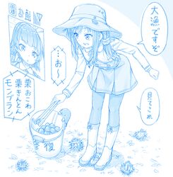  2girls abyssal_ship arare_(kancolle) asashio_(kancolle) asashio_kai_ni_(kancolle) blue_theme boots bucket buttons chestnut commentary dress food gotou_hisashi hat i-class_destroyer kantai_collection kuchiku_i-kyuu leaf long_hair long_sleeves monochrome multiple_girls open_mouth pantyhose pinafore_dress repair_bucket signal_bar sleeveless sleeveless_dress speech_bubble translated 