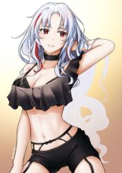  absurdres artist_name azur_lane bad_id bad_pixiv_id black_bra black_choker black_shorts black_tank_top bra bra_strap breasts choker cleavage female garter_straps hand_in_own_hair hand_on_leg highres long_hair looking_away medium_breasts mole mole_on_breast multicolored_hair navel official_alternate_costume red_eyes shorts simple_background smile solo standing stomach tallinn_(azur_lane) tallinn_(nostalgic_pilsner)_(azur_lane) tank_top underwear white_hair yamakan_hoshino 