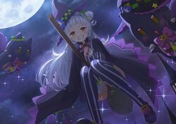  absurdres black_cape black_hat blush breasts broom broom_riding brown_eyes cape female from_below grey_hair grin hair_bun hair_ornament hat highres hololive long_hair looking_at_viewer moon murasaki_shion murasaki_shion_(1st_costume) night night_sky shima46 shiokko_(murasaki_shion) shirt shoes single_hair_bun sky smile solo star_(sky) starry_sky striped_clothes striped_shirt striped_thighhighs thighhighs v-shaped_eyebrows vertical-striped_clothes vertical-striped_shirt vertical-striped_thighhighs very_long_hair virtual_youtuber witch_hat 