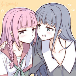  2girls artist_name blue_hair blush braid flying_sweatdrops hand_on_another&#039;s_shoulder kamihama_university_affiliated_school_uniform long_hair magia_record:_mahou_shoujo_madoka_magica_gaiden mahou_shoujo_madoka_magica multiple_girls nanami_yachiyo pink_hair school_uniform serafuku side-by-side studiozombie sweat tamaki_iroha tearing_up upper_body 