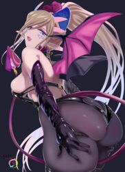  :d :p artist_name ass ass_cutout ass_grab bare_shoulders black_legwear blonde_hair blue_hair bodysuit breasts clothing_cutout collar demon_girl demon_horns demon_tail demon_wings detached_collar earrings elbow_gloves eyelashes female frilled_collar frills gem gloves grabbing_own_ass hair_between_eyes hair_ornament halloween heart heart_cutout heart_earrings heterochromia highres horns jewelry large_breasts long_hair looking_back mi_mi_ham oerba_yun_fang open_mouth original pointy_ears ponytail red_eyes revealing_clothes sagging_breasts scrunchie see-through shiny_clothes sideboob signature simple_background smile solo tail thighs tongue tongue_out wings 