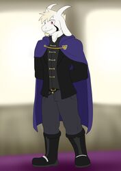  anthro asriel_dreemurr avoid_posting blonde_hair boots bovid cape caprine cloak clothing facial_hair flameydragwasp footwear goat goatee hair hi_res horn male mammal solo undertale undertale_(series) 