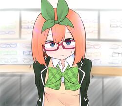  arms_behind_back bespectacled black_jacket blue_eyes blush bow breasts closed_mouth collared_shirt commentary_request dress_shirt eyebrows_hidden_by_hair female glasses go-toubun_no_hanayome green_bow green_ribbons hair_between_eyes hair_ribbon highres indoors jacket kujou_karasuma looking_at_viewer nakano_yotsuba open_clothes open_jacket red-framed_eyewear ribbon shirt small_breasts solo sweat sweater_vest upper_body white_shirt 