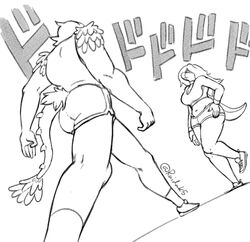  adam_(gvh) anthro black_and_white bottomwear cavemanon_studios clothed clothing dinosaur duo extinct female goodbye_volcano_high hair hotpants humanoid jojo&#039;s_bizarre_adventure jojo_pose long_hair male meme menacing_(meme) midriff monochrome prehistoric_species raidak5 reptile scalie shorts snoot_game stacy_(gvh) 