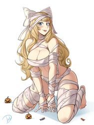  absurdres all_fours bandages barefoot blonde_hair blue_eyes blunt_bangs bow breasts candy charlotte_(fire_emblem) cleavage deliciousbrain female fire_emblem fire_emblem_fates food hairbow halloween halloween_costume highres jack-o&#039;-lantern kneeling large_breasts looking_at_viewer mummy_costume open_mouth short_bangs solo white_bow 