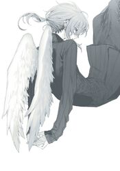  1boy angel_wings arms_behind_back bad_id bad_twitter_id ear_piercing falling feathered_wings fingernails greyscale half-closed_eyes hatching_(texture) highres kanae_(nijisanji) long_arms long_hair maki_keigo male_focus monochrome nijisanji parted_lips piercing ponytail skinny solo turtleneck virtual_youtuber wings 