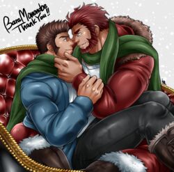  2boys absurdres alternate_costume alternate_skin_color arm_grab bara beard blue_eyes blue_jacket boots brown_hair christmas commission couple dark-skinned_male dark_skin eye_contact facial_hair fate/grand_order fate_(series) fur-trimmed_jacket fur_trim goatee green_scarf hand_on_another&#039;s_face highres hood hooded_jacket imminent_kiss iskandar_(fate) jacket knee_boots leather leather_boots leather_pants long_sideburns looking_at_another male_focus mature_male multiple_boys muscular muscular_male napoleon_bonaparte_(fate) noses_touching pants red_eyes red_hair red_jacket scarf second-party_source shared_clothes shared_scarf shirt short_hair sideburns sitting sitting_on_lap sitting_on_person skeb_commission sleigh smile spread_legs sunfight0201 thick_thighs thighs white_shirt yaoi 