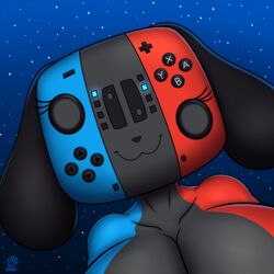  1:1 animate_inanimate anthro badgerben big_breasts breasts bust_portrait canid controller female hi_res huge_breasts looking_at_viewer mammal multicolored_body nintendo nintendo_switch portrait smile solo switch_dog 