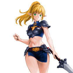  armor belt blonde_hair blue_skirt boobplate breasts closed_mouth covered_nipples elf female floating_hair frown green_eyes highres holding holding_sword holding_weapon long_hair medium_breasts minamoto80486 miniskirt navel pointy_ears purple_belt shoulder_armor simple_background skirt solo sword thighs weapon white_background wizardry 