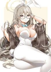  absurdres akane_(blue_archive) akane_(bunny)_(blue_archive) animal_ears ass bare_shoulders blue_archive blush bow bowtie breasts brown_eyes commentary detached_collar fake_animal_ears female glasses gloves green_hair grin hair_between_eyes hair_flowing_over halo highres large_breasts leotard long_hair looking_at_viewer official_alternate_costume pantyhose plaid plaid_scarf playboy_bunny rabbit_ears rabbit_tail scarf sidelocks smile solo standing strapless strapless_leotard tail white_gloves white_leotard white_pantyhose yukineko1018 