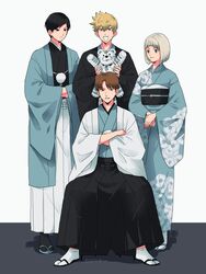  3boys :d black_coat black_hair black_hakama black_legwear blonde_hair blue_coat blue_kimono blue_theme blush bob_cut brown_hair chinese_zodiac coat crossed_arms female floral_print full_body furisode hakama hands_in_opposite_sleeves hands_up haori haori_himo highres hiyami_aki holding holding_stuffed_toy inukai_sumiharu japanese_clothes kimono long_sleeves looking_at_another looking_at_viewer looking_away looking_down multiple_boys new_year ninomiya_masataka obi own_hands_together rism02682 sandals sash short_hair sitting smile standing stuffed_animal stuffed_tiger stuffed_toy tabi tsuji_shinnosuke white_background white_coat white_hakama white_legwear wide_sleeves world_trigger year_of_the_tiger zouri 