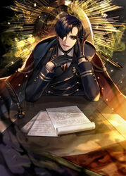  1boy arm_rest black_eyes black_hair cape cover cover_page eu_(euspia) gloves grin korean_commentary lee_kiyoung_(regressor&#039;s_instruction_manual) looking_at_viewer male_focus novel_cover official_art paper regressor&#039;s_instruction_manual sitting smile solo table teeth uniform upper_body 