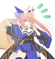  :d aged_down animal_ear_fluff animal_ears bare_shoulders blue_kimono blue_ribbon blue_sleeves blue_thighhighs blush breasts brown_eyes brown_hair cleavage collarbone commentary_request detached_sleeves fate/extra fate_(series) female fox_ears fox_girl fox_tail hair_ribbon haryuu_(poetto) highres japanese_clothes kimono long_hair long_sleeves looking_at_viewer notice_lines obi oerba_yun_fang open_mouth outstretched_arm polka_dot ribbon sash simple_background small_breasts smile solo strapless tail tamamo_(fate) tamamo_no_mae_(fate/extra) thighhighs twintails very_long_hair w white_background wide_sleeves 