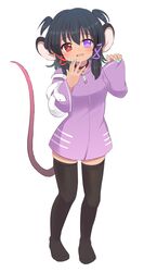  animal_ears bell black_hair black_thighhighs blush collar dark-skinned_female dark_skin english_commentary female full_body hands_up heart heart_in_eye heterochromia highres hood hoodie indie_virtual_youtuber jacket long_sleeves looking_at_viewer medium_hair misha_(yomedani_kumiko) mouse_ears mouse_tail nail_polish neck_bell no_shoes open_mouth purple_eyes purple_jacket ramudia_(lamyun) rat_snake red_eyes second-party_source simple_background skindentation sleeves_past_wrists smile snake solo standing symbol_in_eye tail thighhighs twintails two_side_up virtual_youtuber white_background white_snake wide_sleeves yomedani_kumiko zettai_ryouiki 