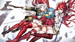  3girls axe battle_axe blue_hair boots cordelia_(fire_emblem) edelgard_von_hresvelg eirika_(fire_emblem) fire_emblem fire_emblem:_the_sacred_stones fire_emblem:_three_houses fire_emblem_awakening garreg_mach_monastery_uniform garter_straps hair_ribbon holding holding_axe holding_polearm holding_sword holding_weapon long_hair looking_at_viewer midair multiple_girls nakapipo pantyhose polearm rapier red_footwear red_hair red_pantyhose ribbon skirt spear sword thigh_boots thighhighs thighs weapon white_hair 