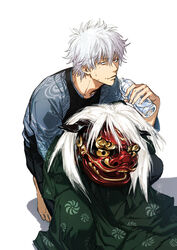  1boy black_pants black_shirt bottle commentary_request gintama grey_hair hair_between_eyes highres holding holding_bottle lion_dance looking_at_viewer male_focus open_clothes pants parted_lips sakata_gintoki shadow shirt shishimai solo squatting sweat uraki_(tetsu420) water_bottle white_background 