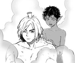  2boys :| alternate_species androgynous bathing chinese_commentary closed_mouth collarbone dark-skinned_male dark_skin dungeon_meshi elf frown greyscale holding holding_towel kabru kabru_(elf) looking_afar looking_at_another male_focus mithrun mithrun_(tallman) monochrome multiple_boys muscular muscular_male mushroom mushroom_on_head negri one_eye_closed open_mouth pointy_ears rubbing_neck same-sex_bathing scar scar_on_arm scar_on_chest shared_bathing short_hair signature skinny species_switch steam topless_male towel wet wet_hair 