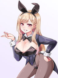  1041_(toshikazu) animal_ears black_bow black_bowtie black_leotard bow bowtie breasts brown_pantyhose cleavage commentary cowboy_shot detached_collar fake_animal_ears female fishnet_pantyhose fishnets grin highres kitagawa_marin large_breasts leaning_forward leotard pantyhose playboy_bunny rabbit_ears rabbit_tail simple_background smile solo sono_bisque_doll_wa_koi_wo_suru tail tailcoat tailcoat_playboy_bunny white_background wrist_cuffs 