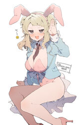  animal_ears arm_support bare_legs blonde_hair blue_jacket blush breasts brown_eyes crying_emoji detached_collar emoji female hand_up highres ikeuchi_tanuma jacket leotard looking_at_viewer medium_hair nose_blush open_mouth original pink_leotard playboy_bunny rabbit_ears rabbit_tail signature sitting solo sweatdrop tail tearing_up twitter_username two_side_up white_background wrist_cuffs 