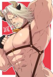  1boy abs alternate_costume animal_ears armpits ass bara bare_pectorals beard bell blush chest_harness chinese_zodiac cid_nan_garlond cow_boy cow_ears cow_horns facial_hair final_fantasy final_fantasy_xiv fingerless_gloves gloves grey_hair groin happy_new_year harness horns large_pectorals leather male_focus mature_male medium_hair moustache muscular muscular_male navel neck_bell new_year nipples obliques pectorals skindentation solo stomach sugo6969 suspenders upper_body year_of_the_ox 