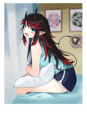  absurdres alternate_costume black_hair black_shorts blue_eyes blue_tank_top blurry blurry_background blush breasts commentary_request demon_girl demon_horns dolphin_shorts ear_bar earrings feet_out_of_frame female highres holding holding_pillow horns indoors jewelry large_breasts leaning_forward long_hair looking_at_viewer looking_to_the_side multicolored_hair nanashi_inc. open_mouth photo_(object) pillow pointy_ears red_hair ryugasaki_rene shorts signature sitting smile solo tail tank_top two-tone_hair virtual_youtuber zono_(inokura_syuzo029) 