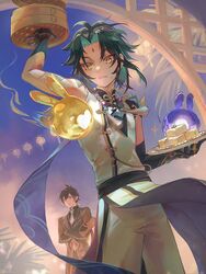  2boys aqua_hair arm_tattoo arm_up bamboo_steamer bead_necklace beads black_hair brown_hair cloud crossed_arms earrings facial_mark food forehead_mark genshin_impact gloves green_hair hair_between_eyes highres holding holding_plate jacket jewelry lantern lattice long_hair male_focus mizuku_hei moon_gate multicolored_hair multiple_boys necklace outdoors parted_lips plate ponytail seelie_(genshin_impact) single_earring sky sparkle sweat tattoo xiao_(genshin_impact) yellow_eyes zhongli_(genshin_impact) 