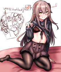  ! !! 1boy 2girls absurdres bed_sheet black_bra black_pantyhose black_skirt black_sweater blush bra breasts brown_hair clothes_lift commander_(girls&#039;_frontline) english_commentary english_text front-tie_bra girls&#039;_frontline heart highres long_hair multiple_girls one_side_up pantyhose peroronti s-head_commander scar scar_across_eye simple_background skirt small_breasts smile speech_bubble sweat sweater ump45_(girls&#039;_frontline) ump9_(girls&#039;_frontline) underwear yellow_eyes 