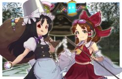  2girls apron ascot bag bare_shoulders black_hair bow breasts brown_hair bucket bucket_(suweeka) bucket_on_head cosplay detached_sleeves flandre_scarlet flandre_scarlet_(cosplay) goggles goggles_(suweeka) goggles_on_head gohei green_eyes grin hair_tubes hairbow hakurei_reimu hakurei_reimu_(cosplay) hat highres holding holding_bag kirisame_marisa kirisame_marisa_(cosplay) midriff_peek mob_cap multiple_girls navel object_on_head original outdoors ponytail purple_bow red_bow red_eyes red_skirt remilia_scarlet remilia_scarlet_(cosplay) sidelocks skirt slime_(creature) small_breasts smile suweeka terraria tongue tongue_out touhou waist_apron wide_sleeves witch_hat 