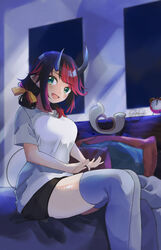  absurdres alarm_clock alternate_costume bed black_hair black_shorts blue_eyes blush bow breasts clock commentary_request demon_girl demon_horns feet_out_of_frame female glasses grey_thighhighs hairbow highres horns indoors lap_pillow_invitation large_breasts long_hair looking_at_viewer multicolored_hair nanashi_inc. on_bed open_mouth pillow pointy_ears red_hair ryugasaki_rene shirt shorts sitting smile solo sugar_lyric t-shirt tail thighhighs two-tone_hair unworn_eyewear virtual_youtuber white_shirt yellow_bow zono_(inokura_syuzo029) 