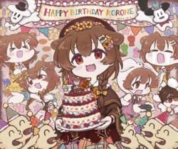  :d animal_ears bone_hair_ornament braid brown_eyes brown_hair chibi chibi_only dated dog_ears dog_girl extra_ears female futo-inu gestart333 hair_between_eyes hair_ornament hairclip happy_birthday highres hololive hoso-inu inugami_korone inugami_korone_(street) listener_(inugami_korone) long_hair low_twin_braids multiple_views oerba_yun_fang official_alternate_costume open_mouth smile twin_braids virtual_youtuber 