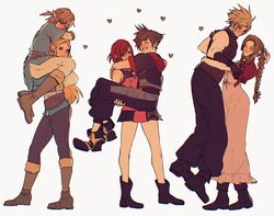  3boys 3girls aerith_gainsborough assertive_female blonde_hair boots bow bracelet braid braided_ponytail brown_hair carrying carrying_person champion&#039;s_tunic_(zelda) cloud_strife commentary couple english_commentary final_fantasy final_fantasy_vii final_fantasy_vii_remake heart hood hooded_vest hoodie jewelry kairi_(kingdom_hearts) kingdom_hearts kingdom_hearts_iii leather leather_boots lifting_person link multiple_boys multiple_girls pointy_ears princess_carry princess_zelda red_hair reverse_princess_carry sera_(serappi) simple_background sleeveless smile sora_(kingdom_hearts) spiked_hair straight super_smash_bros. the_legend_of_zelda the_legend_of_zelda:_breath_of_the_wild turtleneck vest 