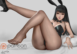  animal_ears ariverkao bare_shoulders black_hair black_leotard black_pantyhose blush bow bow_choker bowtie breasts brown_eyes choker cleavage collarbone dated fake_animal_ears female high_heels large_breasts leotard lips long_hair looking_at_viewer lying no_shoes on_back original pantyhose patreon_logo playboy_bunny rabbit_ears shoes signature single_shoe solo strapless strapless_leotard wrist_cuffs 