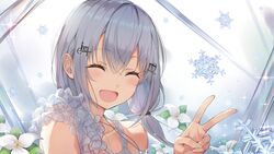  :d absurdres blush closed_eyes facing_viewer female flower grey_hair hair_ornament hairclip hakase_fuyuki hand_up highres long_hair nijisanji shima46 smile snowflakes solo twintails v virtual_youtuber white_flower 