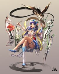  bamboo bird blue_eyes blue_footwear blue_skirt blunt_bangs branch breasts calligraphy camellia chrysanthemum chrysanthemum_print crossed_legs dark_skin falcon fantasy female fingernails floating floral_print flower frilled_skirt frills gem gradient_background hagoromo hair_flower hair_ornament head_wreath high_heels highres invisible_chair jewelry kneehighs knees_together_feet_apart lace long_fingernails long_hair looking_up miniskirt necklace open_mouth original paintbrush panties pumps purple_hair red_flower revealing_clothes santafe99 scroll shawl short_sleeves sidelocks single_kneehigh single_sock sitting skirt small_breasts socks solo tan teeth thigh_strap thighs underwear upper_teeth_only white_panties wide_sleeves wreath yellow_flower 