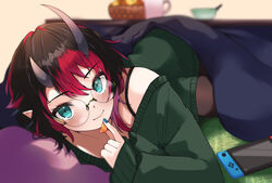  alternate_costume black-framed_eyewear black_hair blanket blue_eyes blurry blurry_background blush bowl breasts brown_pantyhose closed_mouth commentary_request cup demon_girl demon_horns feet_out_of_frame female food fruit glasses green_sweater highres horns kotatsu long_sleeves looking_at_viewer multicolored_hair nanashi_inc. nintendo_switch off_shoulder orange_(fruit) orange_slice pantyhose pillow pointy_ears red_hair round_eyewear ryugasaki_rene short_hair smile solo sugar_lyric sweater table two-tone_hair under_kotatsu under_the_table virtual_youtuber zono_(inokura_syuzo029) 