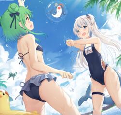  2girls :d arm_up ass bad_id bad_pixiv_id bare_arms bare_shoulders bikini bird black_bikini black_ribbon bloop_(gawr_gura) blue_eyes blue_hair blue_one-piece_swimsuit blunt_bangs blush breasts chintora0201 clothes_writing collarbone commentary covered_navel day double_bun dutch_angle fins fish_tail gawr_gura green_hair grey_hair hair_bun hair_ribbon hands_up highres hololive hololive_english long_hair multicolored_hair multiple_girls one-piece_swimsuit open_mouth outdoors palm_tree ribbon shark_girl shark_tail sharp_teeth short_hair sky small_breasts smile standing streaked_hair swimsuit tail teeth tree two_side_up uruha_rushia virtual_youtuber water water_drop 