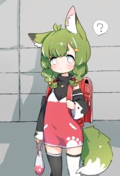  ? ahoge animal_ear_fluff animal_ears asymmetrical_legwear babalilo babalilo_(babalilo) backpack bag black_legwear black_shirt black_sleeves braid commentary_request detached_sleeves dress eyebrows female fox_ears fox_girl fox_tail green_hair highres lolicon long_hair looking_at_viewer original randoseru red_dress shirt solo spoken_question_mark tail thighhighs twin_braids white_eyes white_legwear 