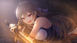  :d bare_shoulders blue_dress blush breasts bridal_gauntlets brown_hair dress female furen_e_lustario furen_e_lustario_(1st_costume) hair_between_eyes highres holding holding_sword holding_weapon large_breasts light_particles long_hair looking_at_viewer nijisanji red_eyes shima46 smile solo sword v-shaped_eyebrows very_long_hair virtual_youtuber weapon 