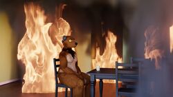  16:9 2023 3d_(artwork) anthro bear bearphones brown_bear burning_building chair coffee_mug digital_media_(artwork) electronics fire furniture grizzly_bear headphones hi_res inside male mammal nude sitting solo table this_is_fine torturedtorchic ursine widescreen yellow_eyes 